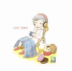  book chair closed_eyes grey_hair headphones reading ribbon rocking_chair scarf sekka_yufu shirota_ki sitting utau 