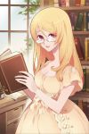  1girl blonde_hair book bow dress glasses library long_hair lowres pink_eyes ribbon rosa_pacifica rose_pacifica rose_witch_rosa smile solo sword_girls 