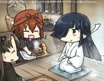  +++ 3girls apron ayanami_(kantai_collection) black_hair brown_hair closed_eyes commentary_request dated hair_ornament hair_over_one_eye hair_ribbon hairclip hamu_koutarou hayashimo_(kantai_collection) head_scarf ikazuchi_(kantai_collection) japanese_clothes kantai_collection kimono long_hair multiple_girls nakai_(waitress) pot rain ribbon shiroshouzoku short_hair side_ponytail snow sweat tasuki waist_apron white_kimono yuki_onna 