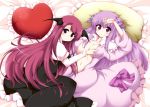  2girls :o bat_wings bed_sheet black_dress black_eyes breasts curvy double_bun dress female frilled_pillow frills head_wings heart heart_pillow huge_breasts impossible_clothes kanatsu koakuma long_hair multiple_girls navel no_hat no_headwear open_clothes open_shirt patchouli_knowledge pillow purple_hair red_eyes redhead shirt smile the_embodiment_of_scarlet_devil touhou very_long_hair violet_eyes wings yuri 