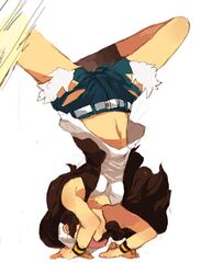  10s 1girl baseball_cap brown_hair hat headstand long_hair navel pokemon pokemon_(game) pokemon_bw puddingpudding shorts solo touko_(pokemon) upside-down wristband 