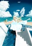  1girl absurdres barefoot beach blonde_hair chitose_shuusui clouds dress fountain green_eyes grin hat hat_removed headwear_removed highres holding holding_hat holding_shoes ocean original outstretched_arms sandals scenery science_fiction shoes signature sky smile solo space_craft spread_arms stairs sundress water white_dress 