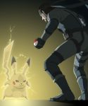  1boy beard brown_hair facial_hair gb_(doubleleaf) gloves gradient gradient_background headband holding holding_poke_ball male_focus metal_gear_(series) metal_gear_solid parody pikachu poke_ball pokemon short_hair solid_snake solo super_smash_bros. 