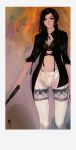  1girl absurdres black_eyes black_hair bra cameltoe crotch_seam evil-ss gun handgun highres lingerie lips navel open_clothes open_shirt original pants shirt solo tight tight_pants underwear weapon 