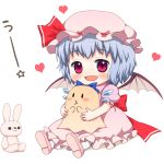  1girl bat_wings bebelona bebeneko blue_hair blush bow child cirno cirno_(cosplay) cosplay doll doll_hug dress female hair_bow hat heart open_mouth pink_dress rabbit red_eyes remilia_scarlet short_hair sitting smile solo stuffed_animal stuffed_toy touhou uu~ wings 