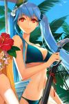  1girl beach bikini blue_hair breasts cleavage day large_breasts lowres luthica_preventer navel orange_eyes outdoors palm_tree solo summer swimsuit sword sword_girls tree twintails under_boob weapon 