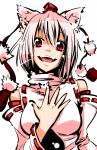  1girl a.f.o animal_ears bare_shoulders breasts detached_sleeves fangs female hat inubashiri_momiji large_breasts open_mouth short_hair silver_hair smile solo tokin_hat touhou upper_body white_background wolf_ears 