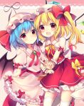  2girls :d ascot back_bow bangs bat_wings blonde_hair blue_hair blush bow commentary_request crystal dotted_background dress emerald_(gemstone) feet_out_of_frame fingernails flandre_scarlet hat hat_bow hat_ribbon highres jewelry looking_at_viewer mary_janes mob_cap multicolored_wings multiple_girls one_side_up petticoat pink_background puffy_short_sleeves puffy_sleeves red_bow red_eyes red_ribbon red_skirt red_vest remilia_scarlet ribbon ruhika sash shoes short_sleeves siblings side_ponytail sisters skirt skirt_set smile standing thigh-highs touhou upper_body v vest white_dress white_legwear wings wrist_cuffs 