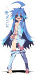  1girl ahoge blue_eyes blue_hair bra dango_mushi izumi_konata lingerie long_hair long_image lucky_star pajamas panties saliva solo syringe tall_image tears translation_request underwear undressing white_panties 