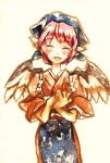  1girl ^_^ animal_ears blush closed_eyes female hands_together hat head_scarf japanese_clothes mystia_lorelei okamisty own_hands_together pink_hair shinoasa short_hair smile solo tasuki touhou traditional_media wings 
