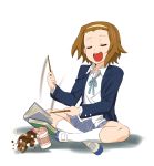  book brown_hair closed_eyes drumsticks highres indian_style k-on! makeinutei ramen school_uniform short_hair sitting spilling tainaka_ritsu 