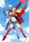  1boy 1girl alien ame-comi ass back back-to-back blonde_hair blue_eyes boots breasts cape crop_top dc_comics detached_sleeves female flying green_eyes halter_top halterneck highres kryptonian leotard long_hair midriff miniskirt navel power_girl red_cape red_shoes s_shield santi_casas shirt shoes shouting skirt smile supergirl superman_(series) taut_clothes taut_shirt thigh-highs thigh_boots 