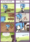  4koma arrow blood blue_hair bow bow_(weapon) comic door explosion hat headphones headset headshot minecraft panop suspenders torch translation_request weapon 