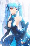  1girl bare_shoulders blue_dress blue_eyes blue_hair breasts choker cleavage detached_sleeves dress elbow_gloves gloves halterneck large_breasts lolita_fashion long_hair lowres luthica_preventer red_eyes smile solo sword_girls twintails very_long_hair 