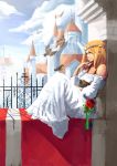  1girl bare_shoulders bird blonde_hair building castle clouds dress female fence flower highres outdoors plant rose sho_(gohan) sitting sky solo sparrow sunlight tiara white_dress window 