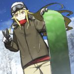  1girl ashikaga_chachamaru blonde_hair gloves goggles hat long_hair lowres outdoors smile snow snowboard solo soukou_akki_muramasa v yellow_eyes 