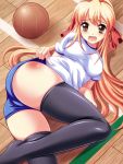  1girl bad_id bandanna basketball black_legwear blonde_hair blush brown_eyes bruise buruma eitizen gym gym_uniform injury long_hair lying on_floor open_mouth original shirt skindentation solo taut_clothes taut_shirt tears thigh-highs 