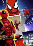  2boys angry belt bodysuit building capcom city comic deadpool frown kankitsurui_(bigarade_moon) marvel marvel_vs._capcom mask multiple_boys multiple_views night peter_parker pixiv_manga_sample spider-man spider-man_(series) sweatdrop waving 