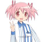  1girl alternate_costume clerk employee_uniform hair_ornament hair_ribbon kaname_madoka lawson mahou_shoujo_madoka_magica pink_eyes pink_hair ribbon shirt short_hair short_twintails smile solo striped striped_shirt twintails uniform v vertical-striped_shirt vertical_stripes 