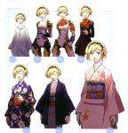  1girl aegis aegis_(persona) android atlus blonde_hair blue_eyes breasts character_sheet costume_chart dress duplicate female furisode highres japanese_clothes kimono obi official_art persona persona_3 ribbon sash short_hair soejima_shigenori solo white_background yukata 