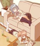  2girls bad_id blue_hair closed_eyes couch glass gonzaburou hair_ornament hair_ribbon hairclip highres kaname_madoka lying magazine mahou_shoujo_madoka_magica miki_sayaka multiple_girls pink_eyes pink_hair ribbon school_uniform short_hair short_twintails sleeping thigh-highs twintails 