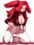  1girl breast cleavage drill_hair erect_nipples fumio_(rsqkr) heroman jacket kneeling large_breasts long_hair red_eyes redhead simple_background solo vera_collins 