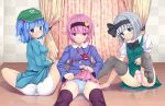  3girls ass bad_id black_legwear blue_eyes blue_hair blush bob_cut eyeball female hairband hat kawashiro_nitori komeiji_satori konpaku_youmu koucha_(nodoka-123) looking_back multiple_girls panties purple_hair short_hair silver_hair sitting skirt skirt_lift spread_legs striped striped_panties thigh-highs third_eye touhou trefoil twintails two_side_up underwear violet_eyes white_panties 