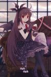  1girl blood brown_hair couch cup dark_lore gloves gothic_lolita lolita_fashion long_hair lowres necktie pantyhose red_eyes rednian short_hair sion_flina solo sword_girls vampire wine_glass wings 