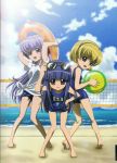  3girls ball barefoot beach beach_party beach_volleyball beachball blonde_hair blue_hair child clouds feet friends furude_rika glasses hand_on_hip hanyuu higurashi_no_naku_koro_ni houjou_satoko innertube kuroda_kazuya members multiple_girls net official_art open_mouth party players purple_hair sakai_kyuuta scan school_swimsuit shirt sky summer sunglasses sunlight swimsuit team violet_eyes volleyball volleyball_net volleyball_team whistle 