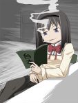  1girl akemi_homura black_hair book chair cigarette mahou_shoujo_madoka_magica official_style oohiro_rin open_book pantyhose reading school_uniform smoking solo 