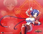  1girl akaga_hirotaka aq_interactive arcana_heart arcana_heart_3 atlus blue_hair breasts character_name copyright_name double_bun examu frown green_eyes hair_ornament hairpin huge_breasts logo mei-fang navel official_art robot sparkle wallpaper 