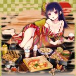  1girl bad_id bare_shoulders barefoot blush bowl bra breasts candy checkered checkered_background chicken_(food) chocolate chopsticks cleavage clothes_down clouds drink egasumi fast_food feet food french_fries full_body hair_ornament hamburger hot_dog ice_cream japanese_clothes kimono lingerie lollipop long_hair lying medium_breasts mustard off_shoulder on_side open_mouth original panties pizza purple_hair red_eyes rice rice_bowl solo strap_slip swirl_lollipop twix underwear yuuki_rika 