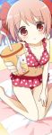  1girl :o alternate_costume bangs barefoot beach beach_towel bikini bikini_skirt blurry blush bow bow_bikini bra breasts cleavage clouds collarbone cup depth_of_field drink drinking_straw frilled_bikini frilled_bra frilled_panties frilled_swimsuit frills giving hair_bow hair_ornament hair_ribbon hand_on_own_thigh hand_on_thigh head_tilt holding kaname_madoka kurot kyubey lingerie long_image looking_at_viewer mahou_shoujo_madoka_magica navel outstretched_arm panties parted_lips pink_eyes pink_hair polka_dot polka_dot_bikini polka_dot_swimsuit pov red_bikini ribbon sand short_hair short_twintails sitting sky small_breasts solo staring striped summer swimsuit tall_image thigh_gap towel triangle_mouth twintails underwear wariza 