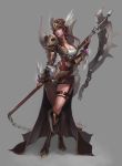  1girl armor boots breasts buckle cape chains cleavage curvy dress helmet highres jewelry large_breasts nawol redhead scythe short_dress solo valkyrie vambraces wings 