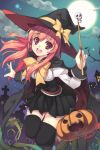  1girl :d black_legwear cape clouds dress grave halloween hat jack-o&#039;-lantern long_hair lowres moon night night_witch nytitch open_mouth pink_hair pumpkin red_eyes redhead shuen sky smile solo sword_girls thigh-highs witch witch_hat zettai_ryouiki 