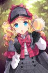 1girl :o akechi_kokoro blonde_hair blue_eyes bow cape cosplay deerstalker detective flat_chest flower gloves hair_ornament hat inverness_cape lowres magnifying_glass nardack solo sword_girls tantei_opera_milky_holmes twintails younger 