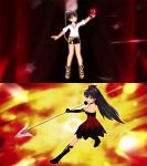  1girl black_hair cosplay elbow_gloves ganaha_hibiki gloves hair_ribbon idolmaster lance long_hair look-alike mahou_shoujo_madoka_magica parody plaid polearm ponytail ribbon sakura_kyouko sakura_kyouko_(cosplay) soul_gem spear weapon 