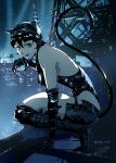  1girl ame-comi animal_ears batman_(series) belt blue_eyes breasts cat_ears cat_tail catwoman city claws dc_comics elbow_gloves gloves goggles goggles_on_head helmet highres large_breasts leotard lips santi_casas short_hair smile solo squatting tail 