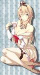  1girl ;) bare_shoulders blonde_hair blue_eyes blush braid breasts cleavage closed_mouth collarbone crown cup dress french_braid garter_straps hair_between_eyes high_heels holding holding_cup jewelry kantai_collection kuurunaitsu large_breasts long_hair long_sleeves looking_at_viewer mini_crown necklace off_shoulder one_eye_closed scepter sitting smile solo teacup thigh-highs warspite_(kantai_collection) white_legwear yokozuwari 