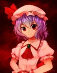  1girl bow brooch cravat dress flat_chest frilled_shirt_collar frilled_sleeves frills hat hat_ribbon highres jewelry lavender_hair looking_at_viewer metyuu mob_cap no_wings pink_dress puffy_short_sleeves puffy_sleeves purple_hair red_background red_bow red_eyes remilia_scarlet ribbon short_hair short_sleeves signature smile solo the_embodiment_of_scarlet_devil touhou upper_body 