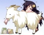  1girl =_= artist_request black_hair book chibi eating flower goat hair_flower hair_ornament long_hair open_mouth shaking_head solo teardrop tears 