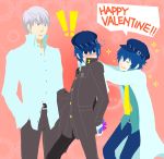  ! 1boy 2girls androgynous atlus blue_eyes blue_hair blush cabbie_hat closed_eyes dark_persona dress_shirt dual_persona gift grey_eyes grey_hair happy_valentine haruyama_(pixiv169154) hat labcoat long_sleeves mizuno_(hal0527) multiple_girls narukami_yuu necktie no_lineart persona persona_4 reverse_trap school_uniform shadow_(persona) shirogane_naoto shirt short_hair valentine 