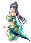 1girl bare_shoulders blue_eyes blue_hair breasts brown_hair cleavage erect_nipples facial_mark forehead_mark gradient_hair japanese_clothes jewelry kimono large_breasts long_hair looking_at_viewer midriff multicolored_hair necklace oldschool original pants pendant purple_hair q_azieru see-through simple_background smile solo transparent_background wide_sleeves 