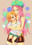  2girls age_regression female hat highres himerinco hug jewelry_bonney md5_mismatch multiple_girls nami_(one_piece) one_piece orange_hair oversized_clothes piercing pink_hair pirate simple_background standing you_gonna_get_raped younger yuri 