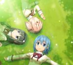  3girls akemi_homura black_hair blue_eyes blue_hair grass hair_ornament hair_ribbon hairband hairclip kaname_madoka komore long_hair lying mahou_shoujo_madoka_magica miki_sayaka multiple_girls on_back on_side pink_eyes pink_hair ribbon school_uniform short_hair short_twintails smile twintails 