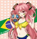  1girl 2018_fifa_world_cup ;d \m/ alternate_costume alternate_eye_color alternate_hair_color ball bare_arms blush brazilian_flag breasts chinese_commentary cleavage collarbone commentary_request crop_top eyebrows_visible_through_hair facial_tattoo front-tie_top hair_between_eyes hands_up hatsune_miku holding holding_ball long_hair looking_at_viewer medium_breasts midriff navel one_eye_closed open_mouth pink_background pink_eyes pink_hair shangguan_feiying shirt smile soccer soccer_ball solo standing star starry_background stomach tattoo tied_shirt twintails upper_body very_long_hair vocaloid world_cup yellow_shirt 