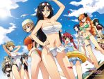  6+girls arms_up bandeau bikini breasts brown_hair casual_one-piece_swimsuit character_request cleavage cleavage_cutout competition_swimsuit drill_hair frilled_bikini frills front-tie_top garters headband highres innertube large_breasts leg_garter multiple_girls navel nobunaga one-piece_swimsuit orange_hair polka_dot polka_dot_swimsuit saipaco sarashi sengoku_gakuen_senki_nobunaga! shirt source_request swimsuit tank_top taut_clothes taut_shirt twintails under_boob 