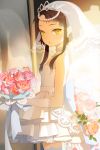  1girl bare_shoulders black_hair bouquet dress flower gloves kuudere lowres mirror salt_(salty) short_hair sita_vilosa solo sword_girls tiara veil wedding_dress yellow_eyes 