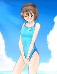  1girl brown_eyes brown_hair competition_swimsuit glasses klm one-piece_swimsuit original short_hair sky solo swimsuit tanaka_rikimaru 