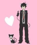  1boy ao_no_exorcist bad_id blacky cat closed_eyes fangs flat_color heart kuro_(ao_no_exorcist) male_focus okumura_rin open_mouth pointy_ears simple_background solo 
